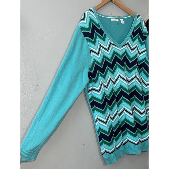 Liz Golf Plus Size 2X Blue Chevron Pointelle Preppy Sporty Tennis Prep Sweater - Picture 2 of 11